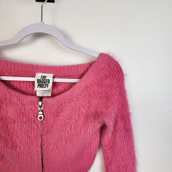 The Ragged Priest Bubblegum Pink Cropped Eyelash Knit Zip Front Sweater Small - Picture 5 of 6